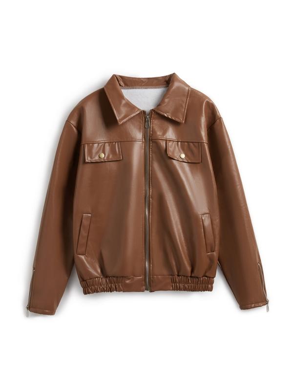 Vintage Brown Zip Up Elastic Hem Leather Jacket Product Image