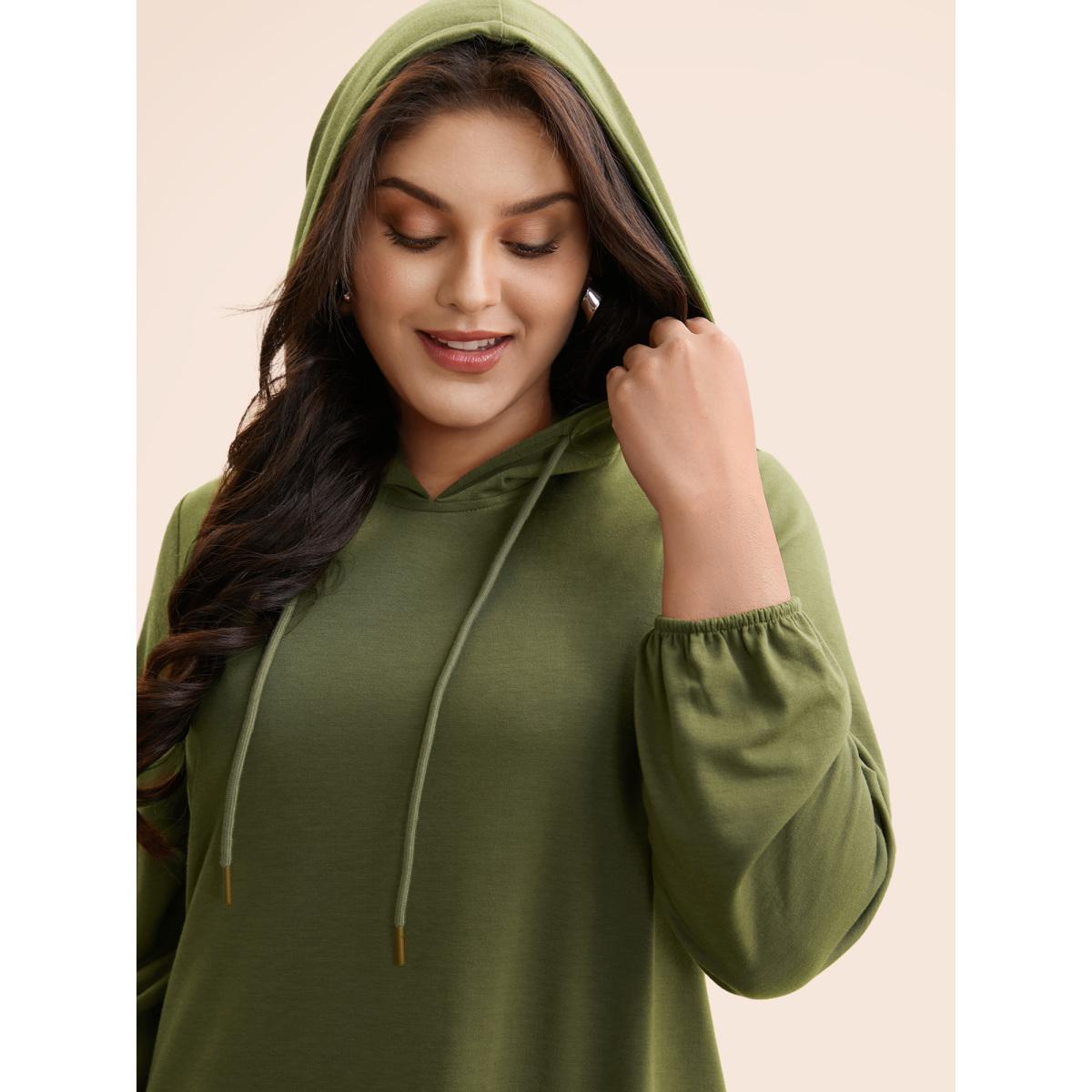 Plus Size Patchwork Pleated Hooded Drawstring Dress ArmyGreen Women Casual Pleated Hooded Long Sleeve Curvy BloomChic 10/M Product Image