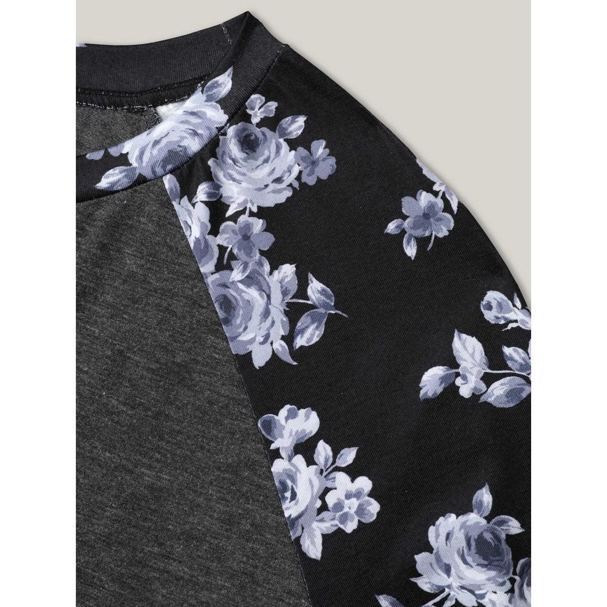 Plus Size Floral Sleeve Round Neck Flared T-Shirt DimGray Women Casual Contrast Natural Flowers Round Neck Everyday T-shirts BloomChic 18-20/2X Product Image
