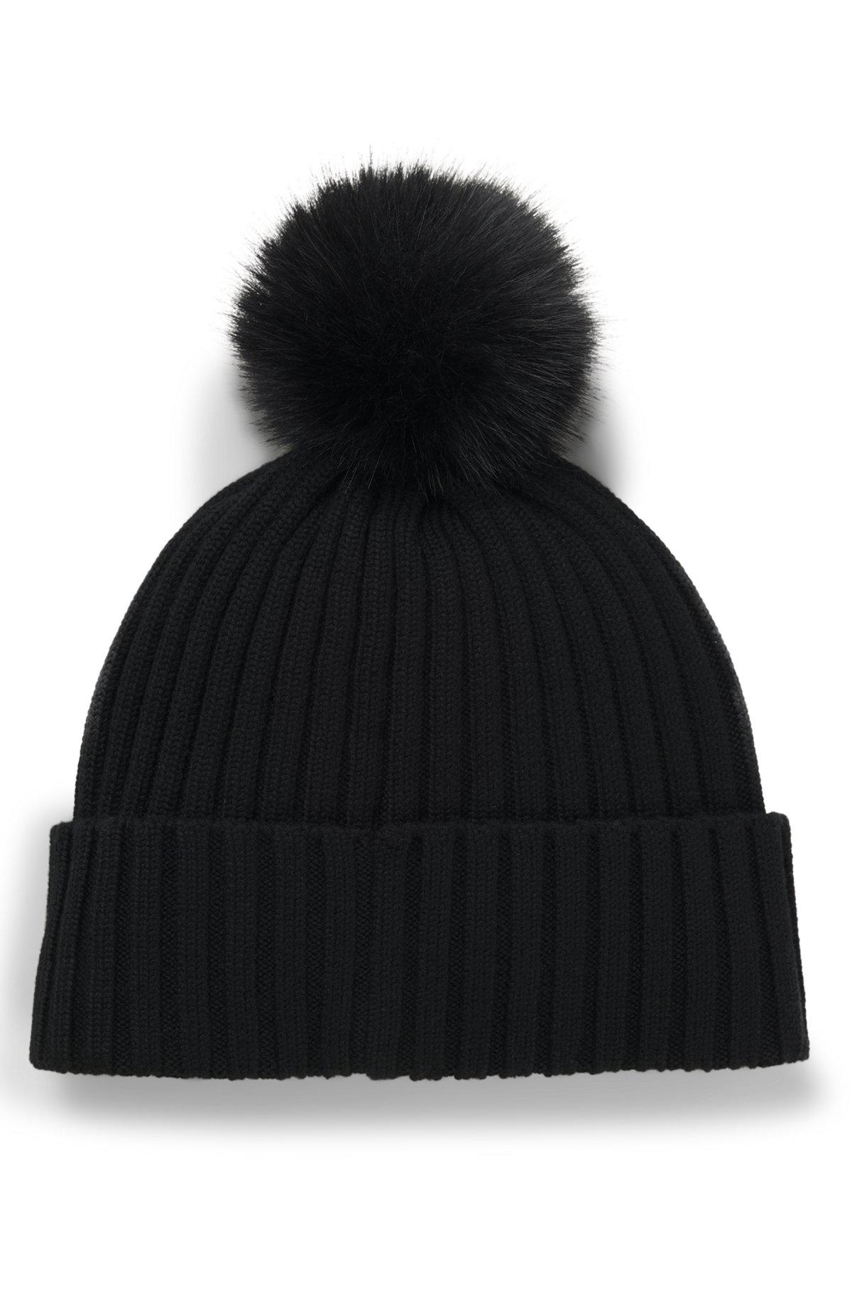Virgin-wool beanie hat with faux-fur pom pom Product Image