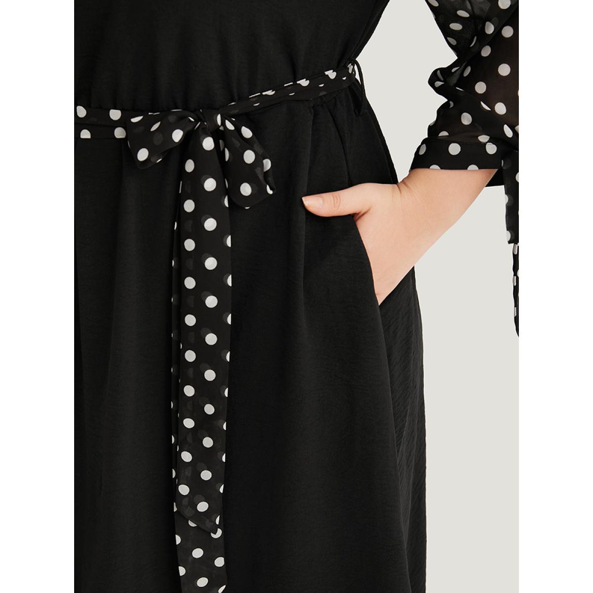 Plus Size Polka Dot Patchwork Mesh Belted Bowknot Dress Black Women Office See through Round Neck Long Sleeve Curvy Midi Dress BloomChic 26/4X Product Image