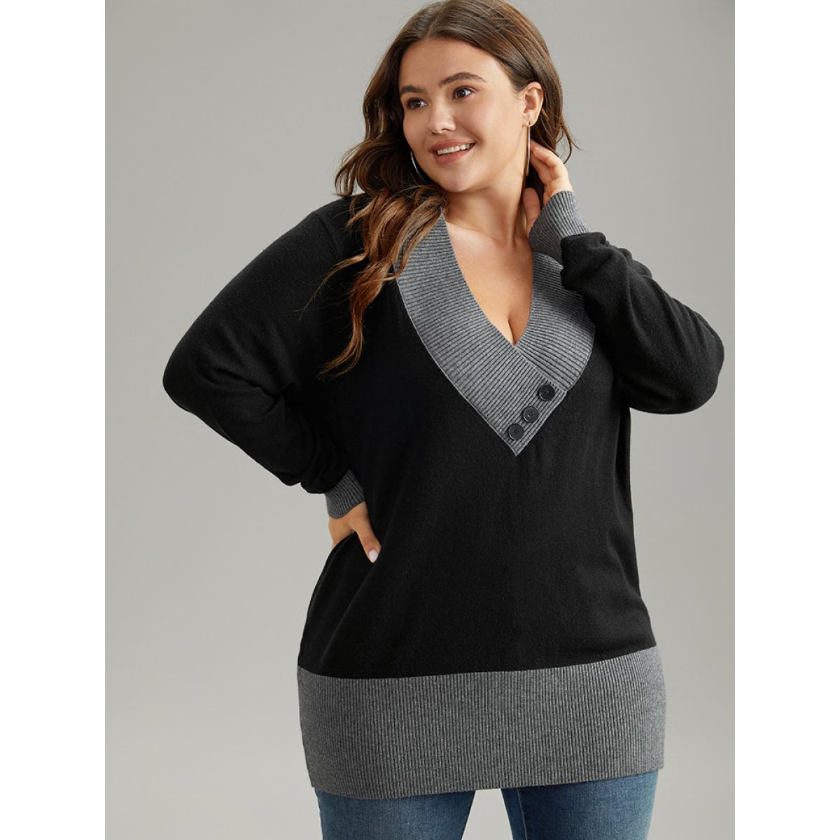 Plus Size Supersoft Essentials Contrast Deep V Neck Button Detail Pullover Black Women Casual Long Sleeve Deep V-neck Everyday Pullovers BloomChic 30/6X Product Image