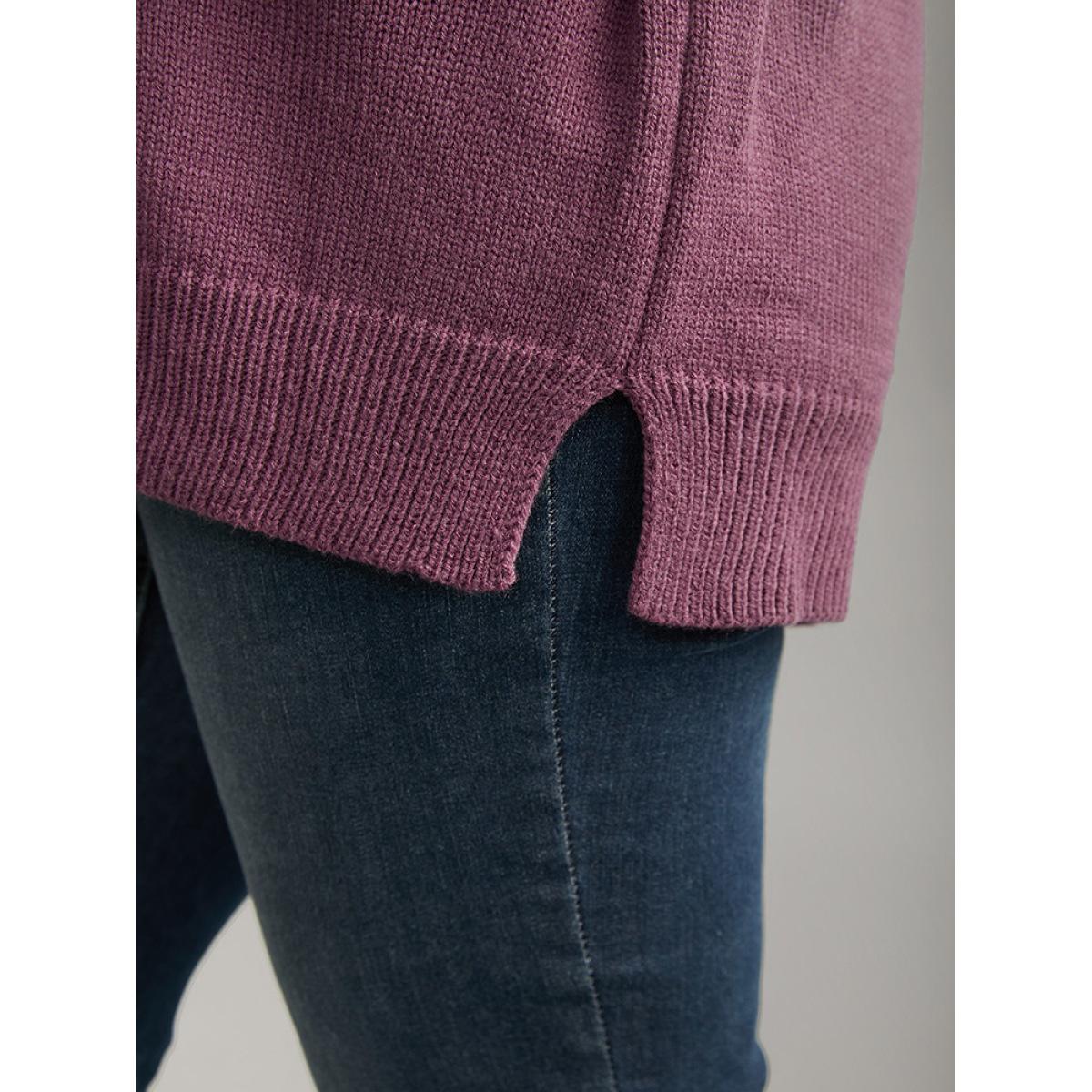 Plus Size Solid Cable Knit V Neck Split Side Pullover Mauve Women Casual Loose Long Sleeve V-neck Everyday Pullovers BloomChic 30/6X Product Image