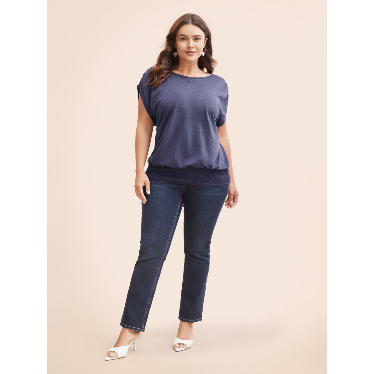 Plus Size Solid Ruched Batwing Sleeve Shirred Hem T-shirt Indigo Women Elegant Ruched Plain Boat Neck Everyday T-shirts BloomChic 26/4X Product Image