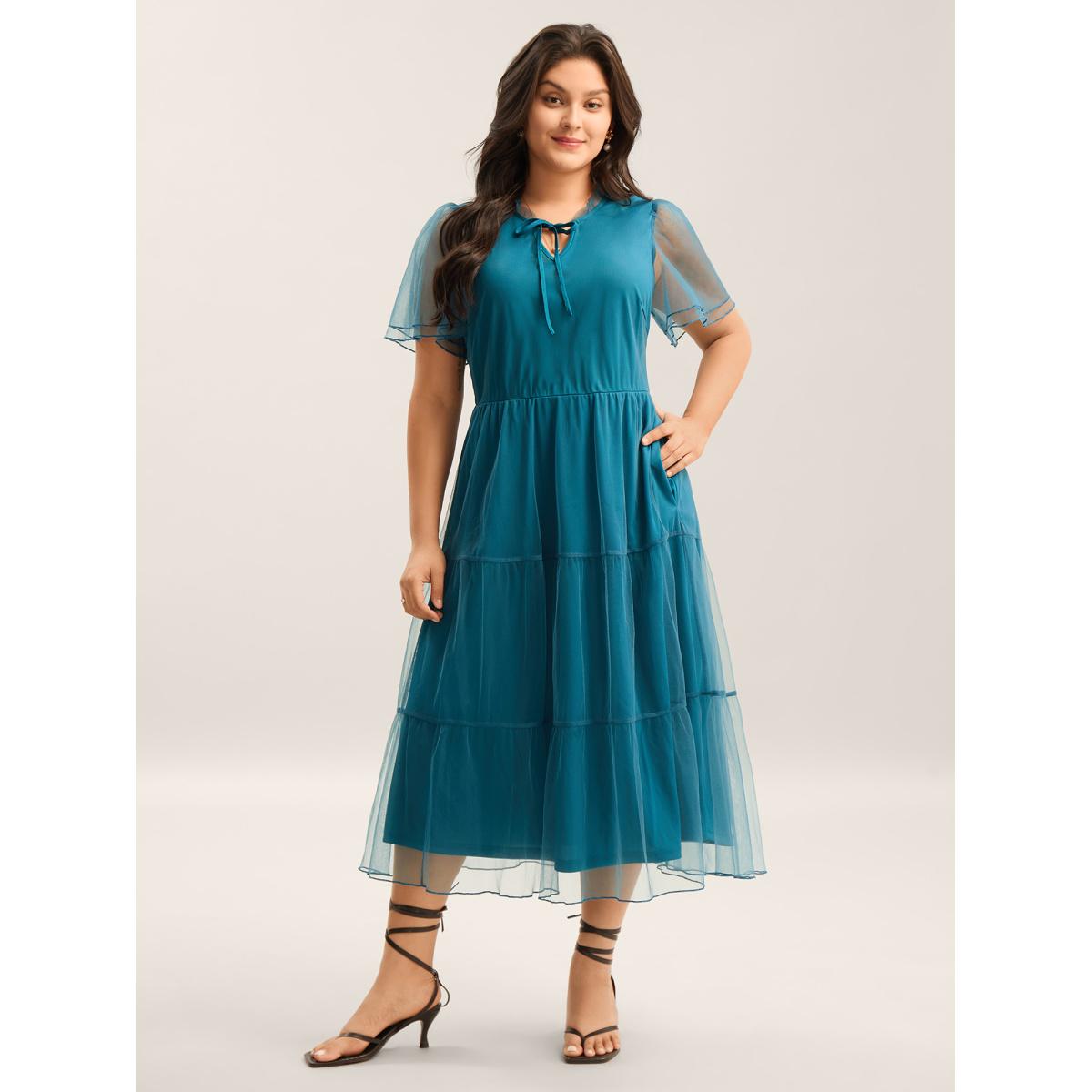 Plus Size Stretchy Waist Neck Tie Sheer Midi Dress Teal Women Flat collar with V-notch Short sleeve Curvy BloomChic 30/6X Product Image