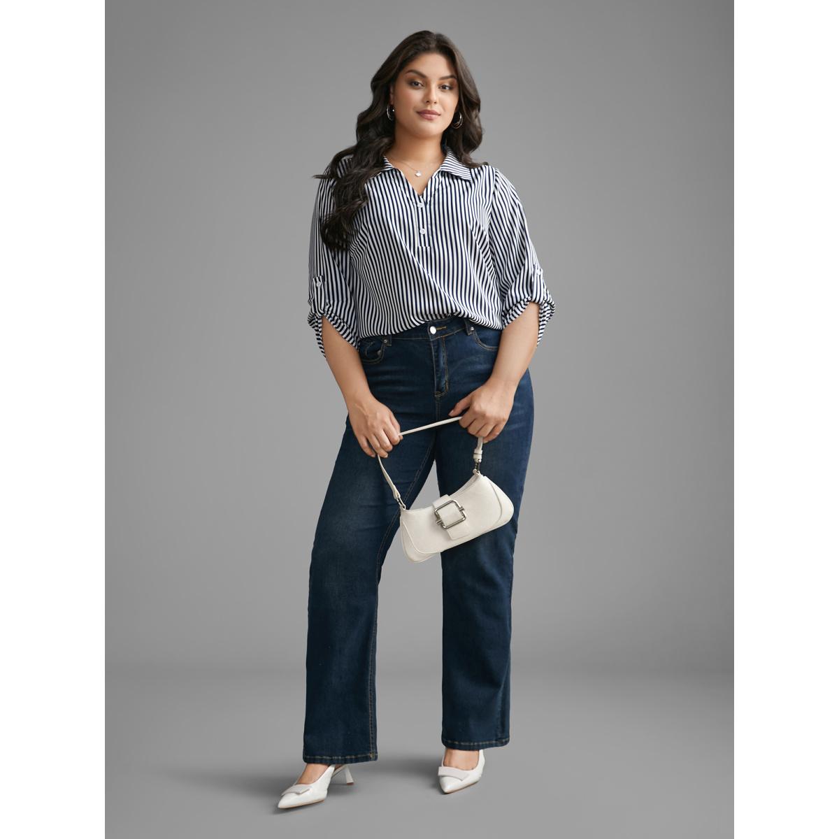 Plus Size Indigo Striped Button Cuff Sleeve Split Hem Blouse Women At the Office Elbow-length sleeve Shirt collar Work Blouses BloomChic 12/L Product Image