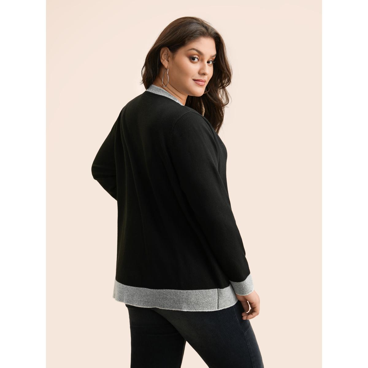 Plus Size Contrast Button Up Pocket Cardigan Black Women Leisure Long Sleeve Casual Cardigans BloomChic 10/M Product Image