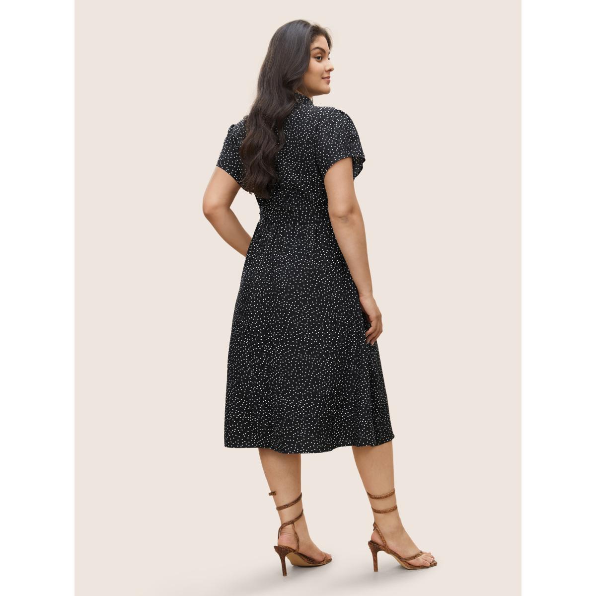 Plus Size Polka Dot Shirt Collar Pocket Button Up Dress Black Women Office Non Shirt collar Short sleeve Curvy Midi Dress BloomChic 12/L Product Image