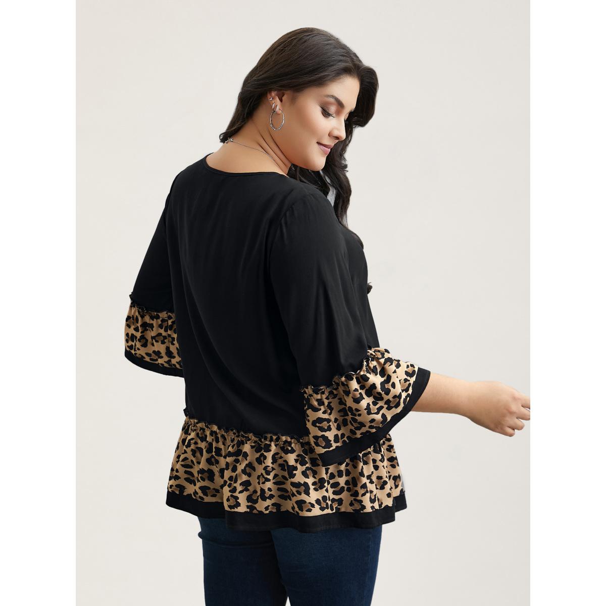 Plus Size Black Leopard Print Patchwork Tiered Blouse Women Casual Elbow-length sleeve Round Neck Everyday Blouses BloomChic 22-24/3X Product Image