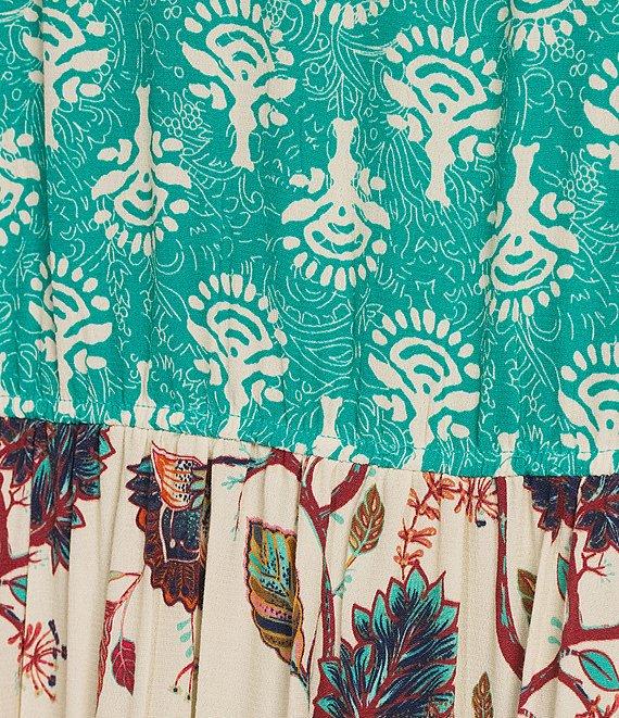 John Mark Floral Multi Print Embroidered Split V-Neck 3/4 Sleeve Cinched Tie A-Line Midi Dress Product Image