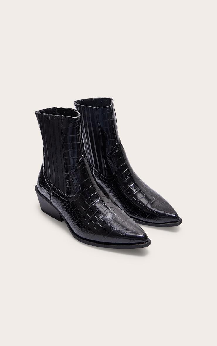 Black Croc PU Point Toe Low Block Heel Western Ankle Boots Product Image