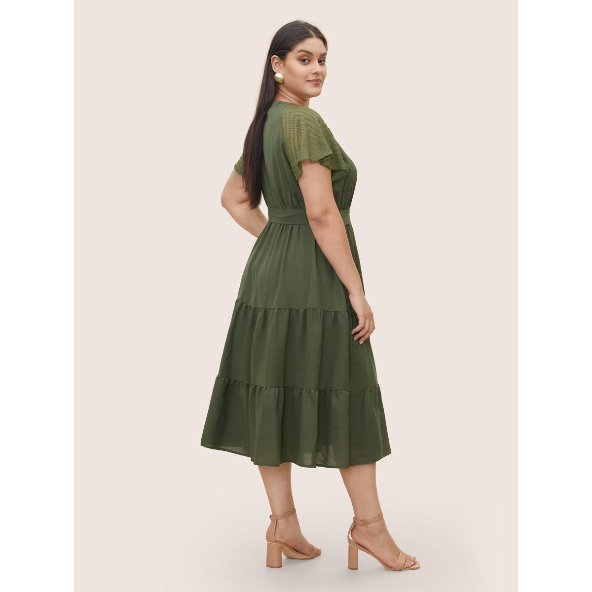 Plus Size Texture Patchwork See Through Raglan Sleeve Dress ArmyGreen Women At the Office Texture Flat collar with V-notch Short sleeve Curvy Midi Dress BloomChic 30/6X Product Image