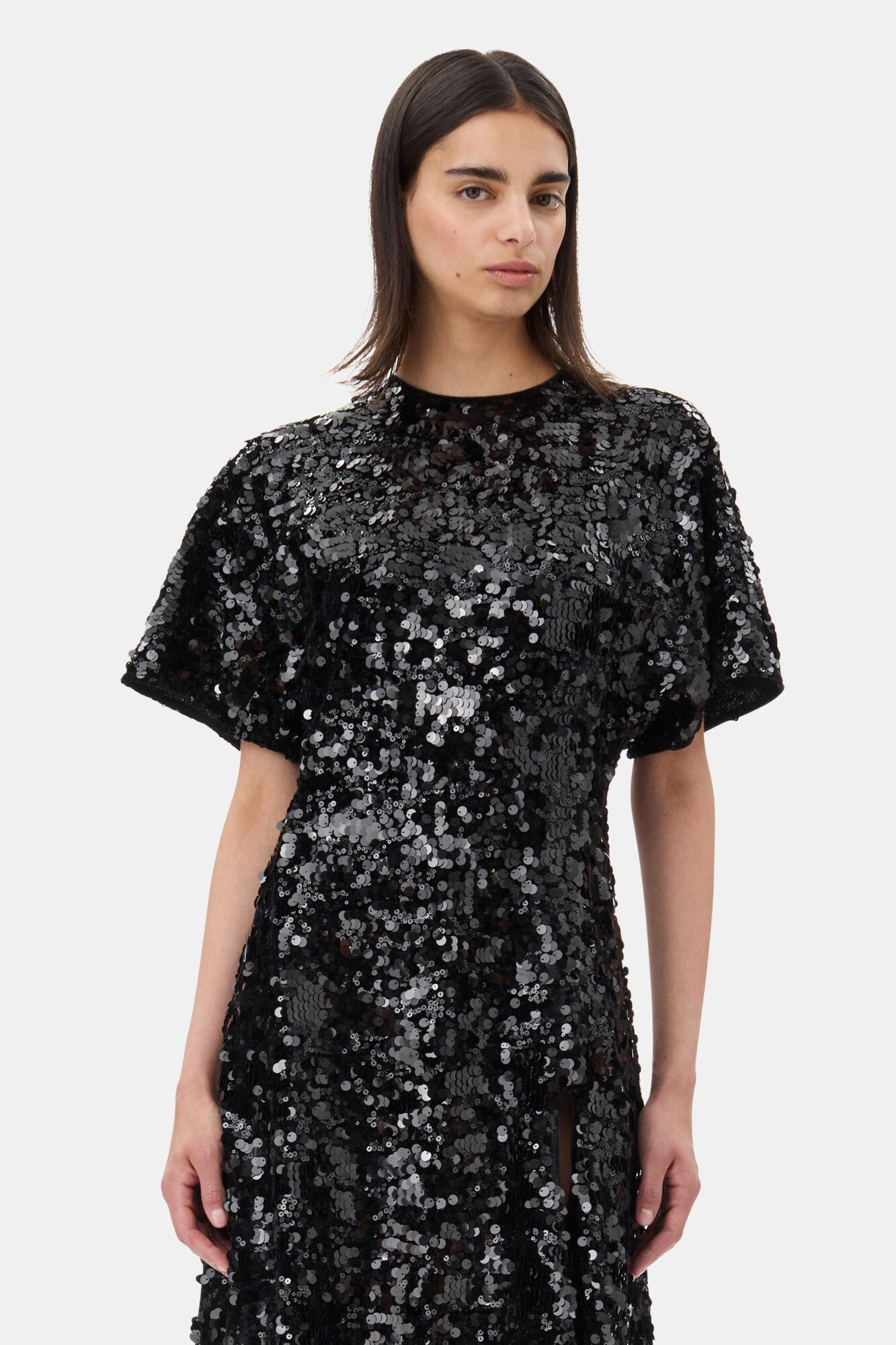 Black Velvet Sequins Long Dress Product Image