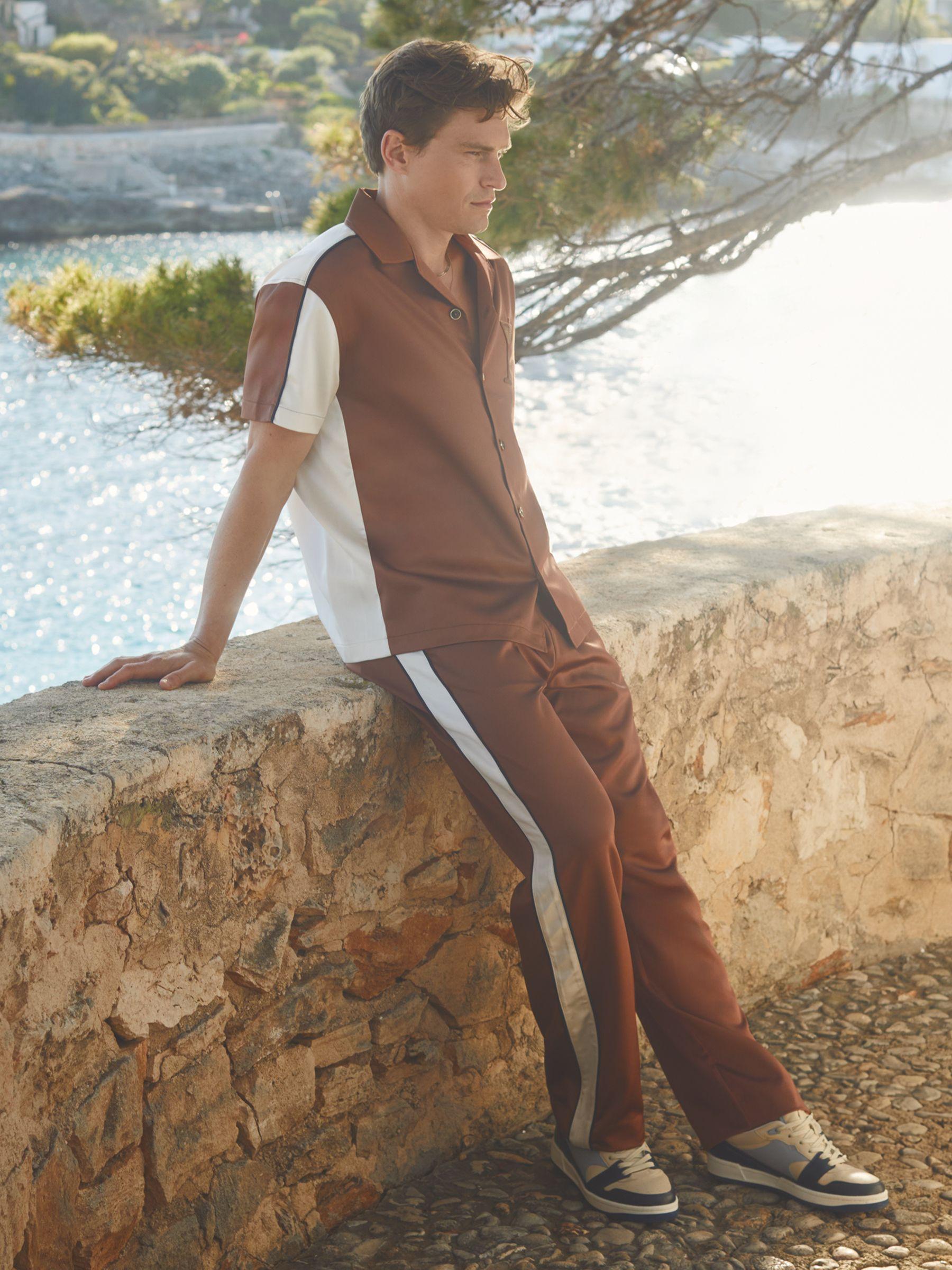 Noto Tobacco/Ecru Ché Satin Effect Colourblock Cuban Collar Shirt Product Image