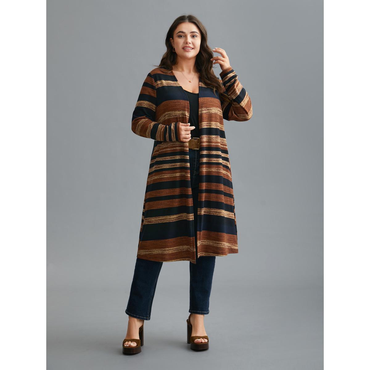 Plus Size Multi-Color Striped Open-Front Long Jacket Women Multicolor Contrast Loose Everyday Jackets BloomChic 10/M Product Image