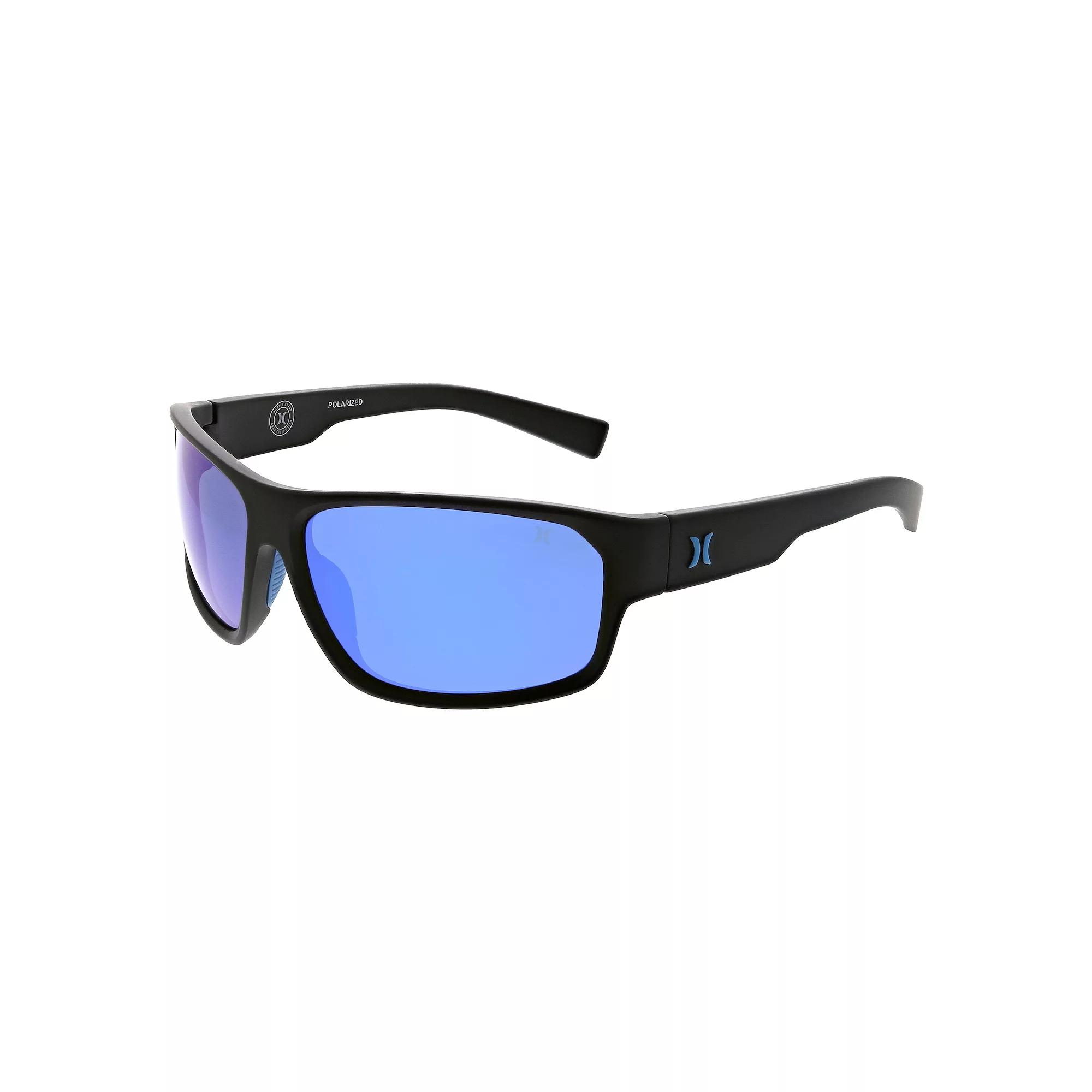 Men's Hurley Blackout 64mm Wrap Polarized Sunglasses, Matte Black Blue Product Image