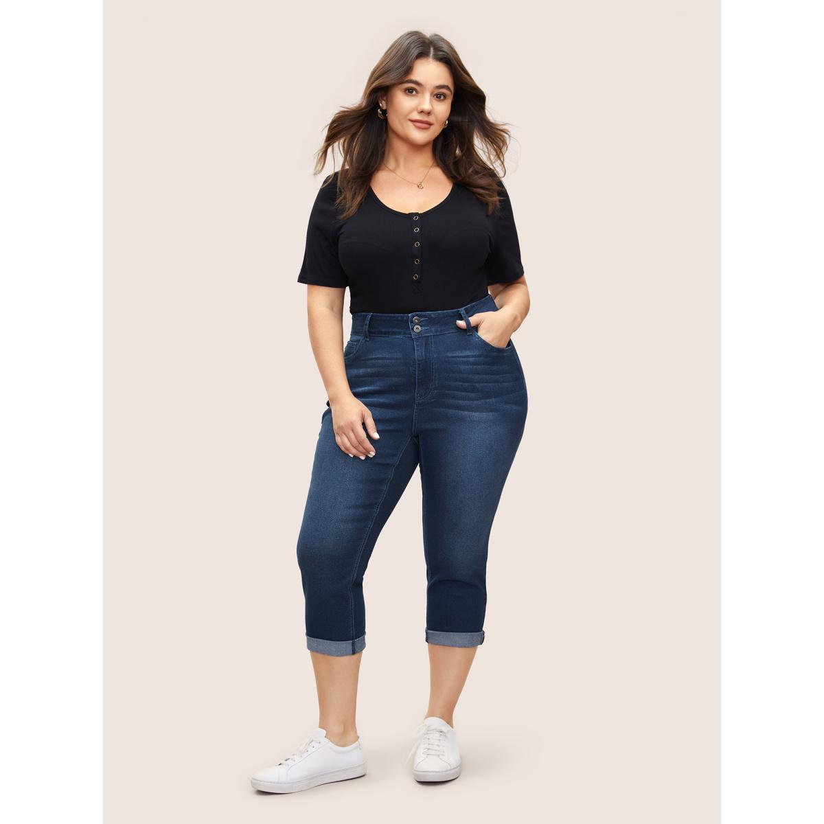 Plus Size Bodycon Roll Hem Medium Wash Jeans Women Blue Casual Plain Non High stretch Slanted pocket Jeans BloomChic 26/4X Product Image