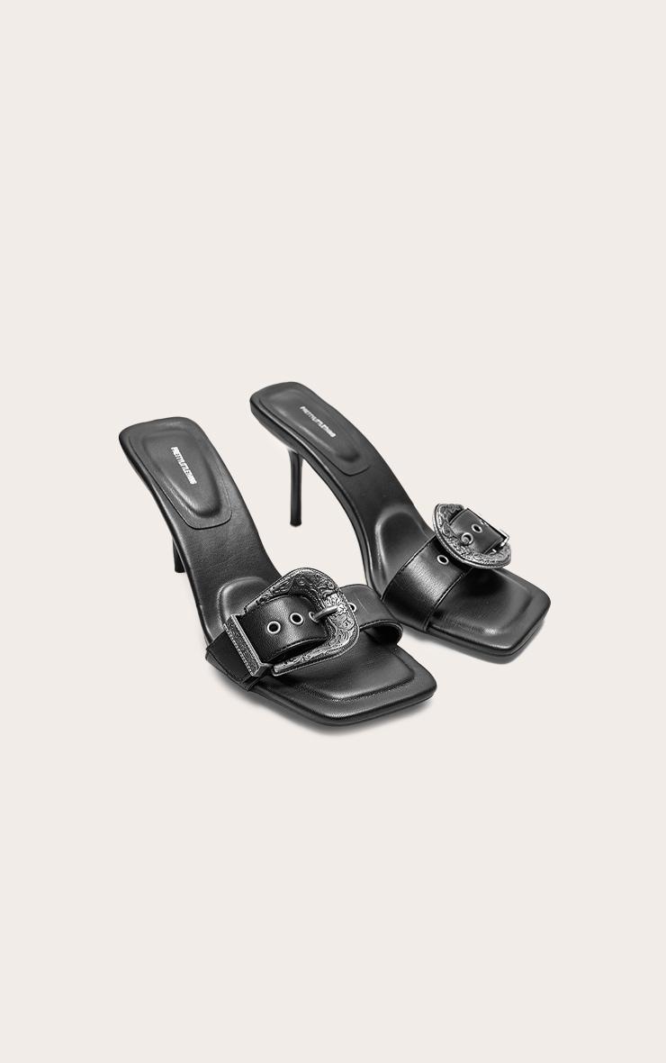 Black PU Square Toe Western Buckle High Stiletto Heeled Mules Product Image