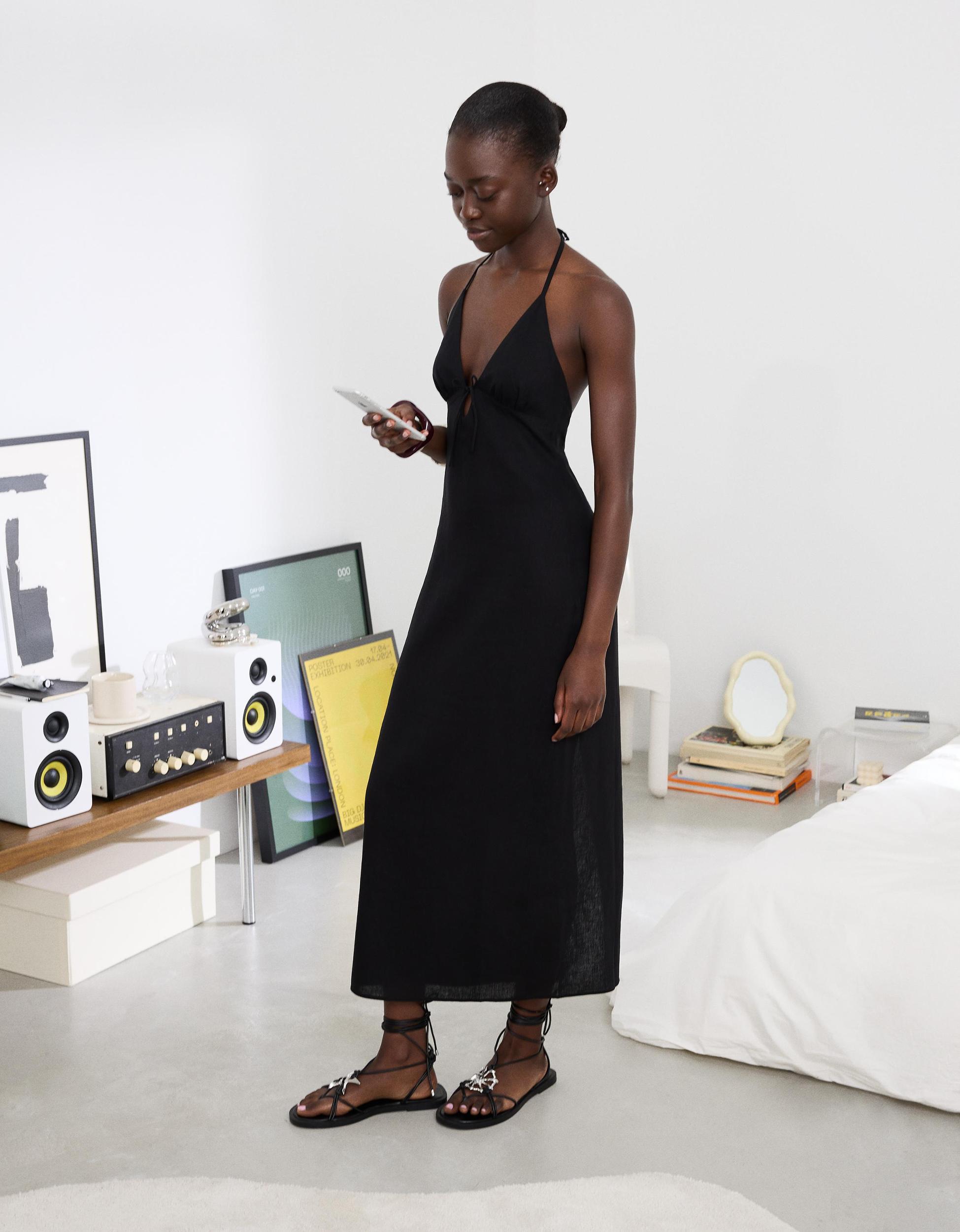 Linen blend tie-up halter midi dress Product Image