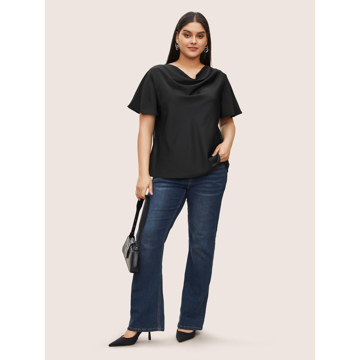 Plus Size Black Plain Cowl Neck Ruffle Sleeve Blouse Women Work From Home Short sleeve Cowl Neck Work Blouses BloomChic 28/5X Product Image