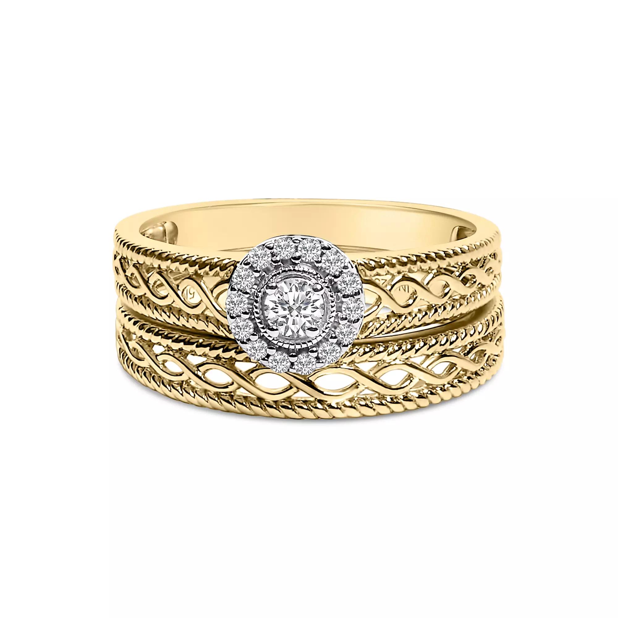 Haus of Brilliance 14k Gold Plated Sterling Silver 1/5 Carat T.W. Diamond Halo Engagement Ring & Wedding Band Set, Womens Gold Tone Product Image