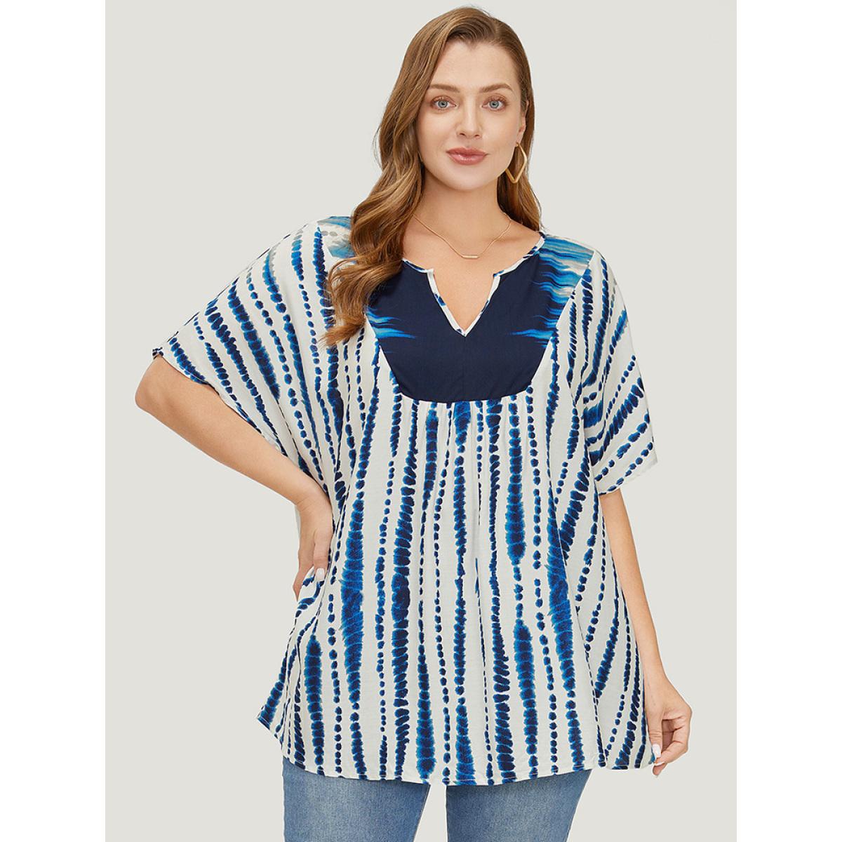 Plus Size Multicolor Tie Dye Patchwork Batwing Sleeve Notched Neck Blouse Women Vacation Short sleeve Notched collar Dailywear Blouses BloomChic 14-16/1X Product Image