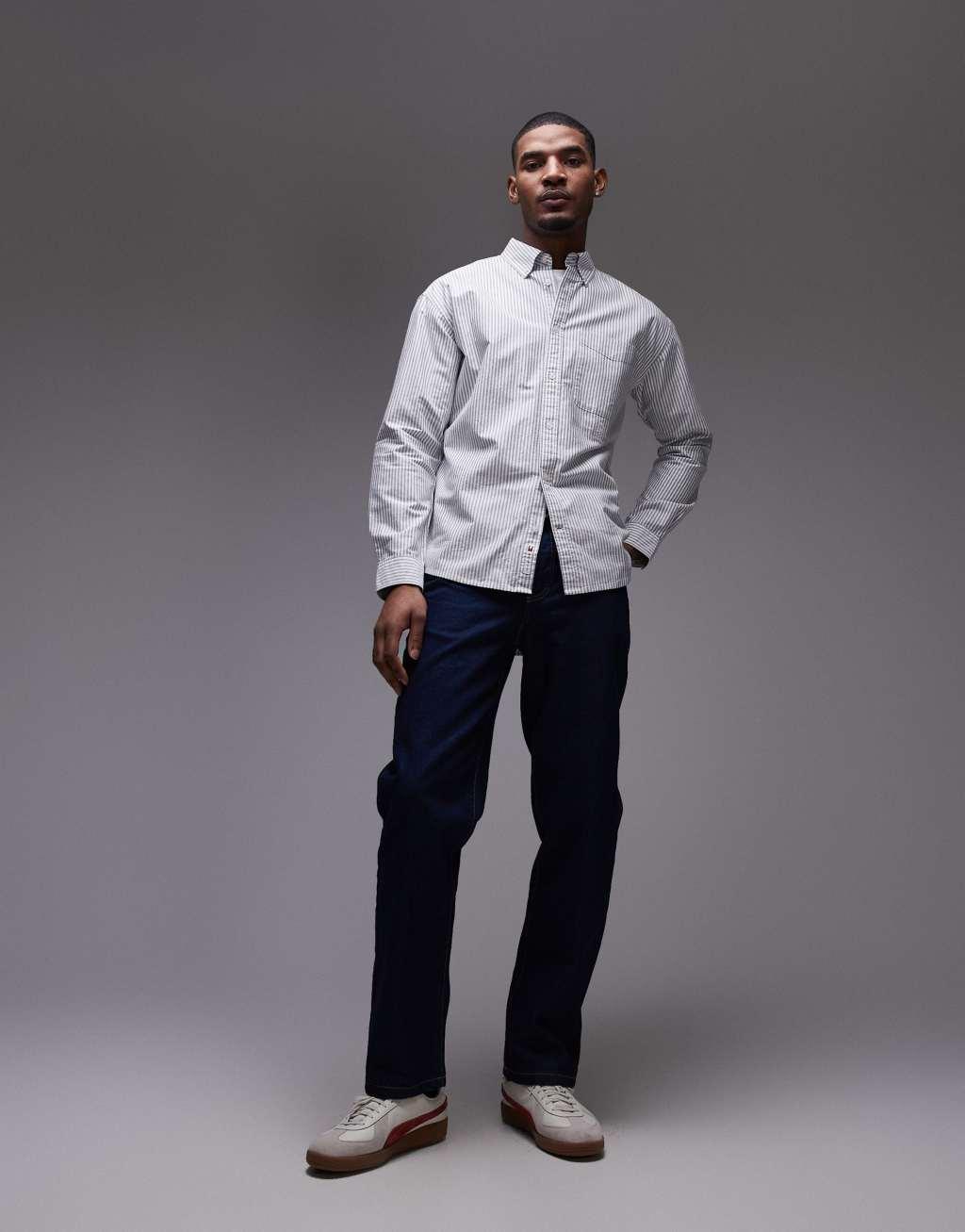 Tommy Jeans oxford shirt with crest logo in navy stripe Product Image