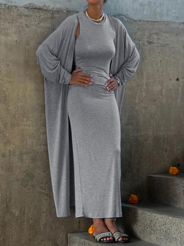 Long Sleeves Solid Color Round-Neck Inner Dress + Bodycon Outerwear Two Pieces Set Product Image