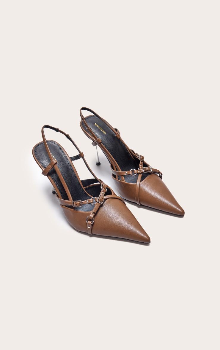 Taupe Faux Leather Point Toe Buckle Strap Sling Back High Heeled Mules Product Image