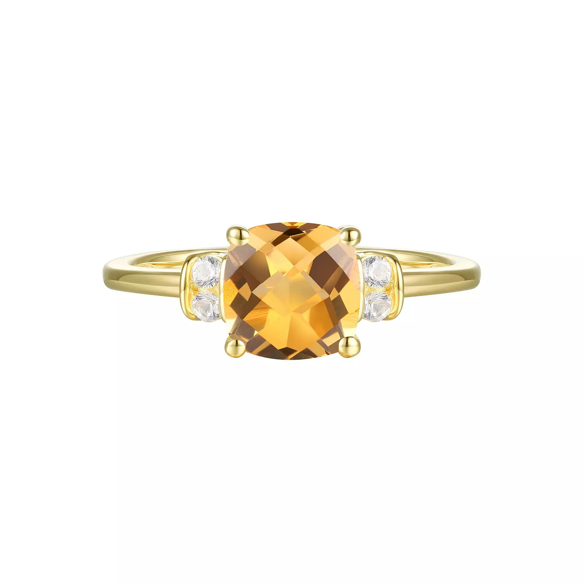 14k Gold Over Silver Cushion-Cut Citrine & Lab-Created White Sapphire Ring, Women's, Size: 7, Gold Tone Product Image