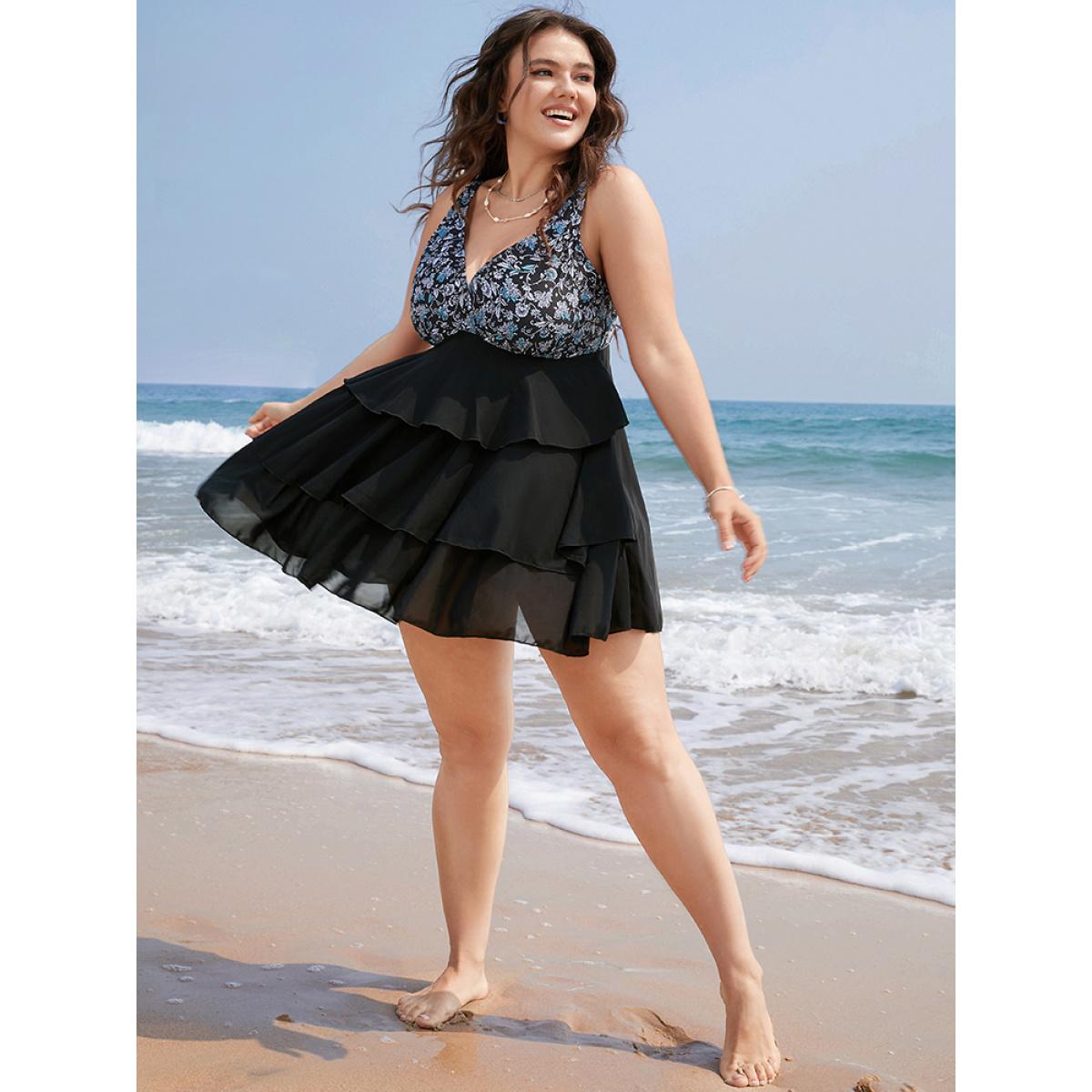 Plus Size Floral Patchwork Ruffle Tiered Swim Dress Women's Swimwear Black Vacation Bodycon V-neck High stretch Curve Swim Dresses BloomChic 26/4X Product Image