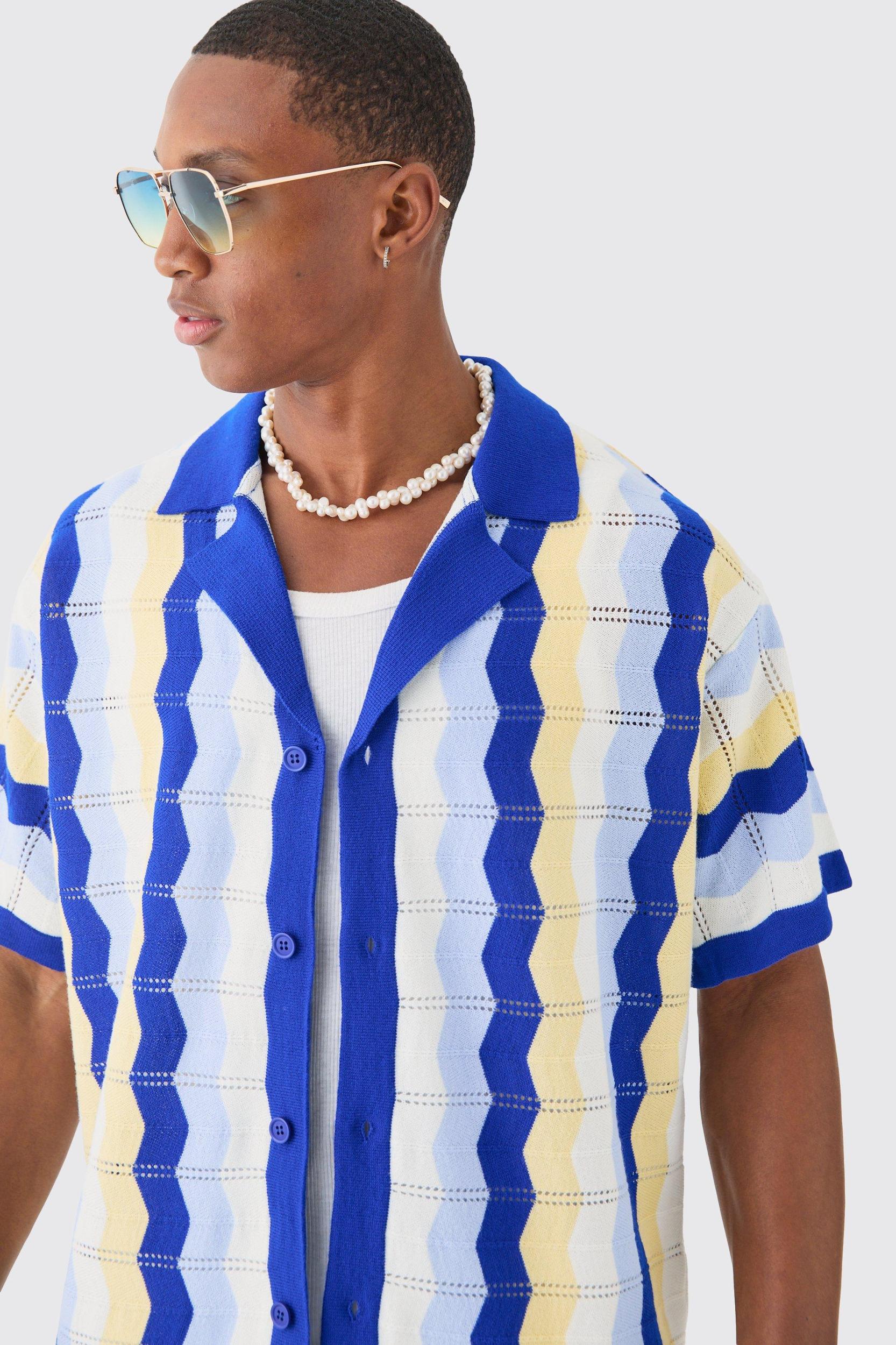 Oversized Boxy Revere Open Knit Stripe Shirt In Blue | boohooMAN USA Product Image