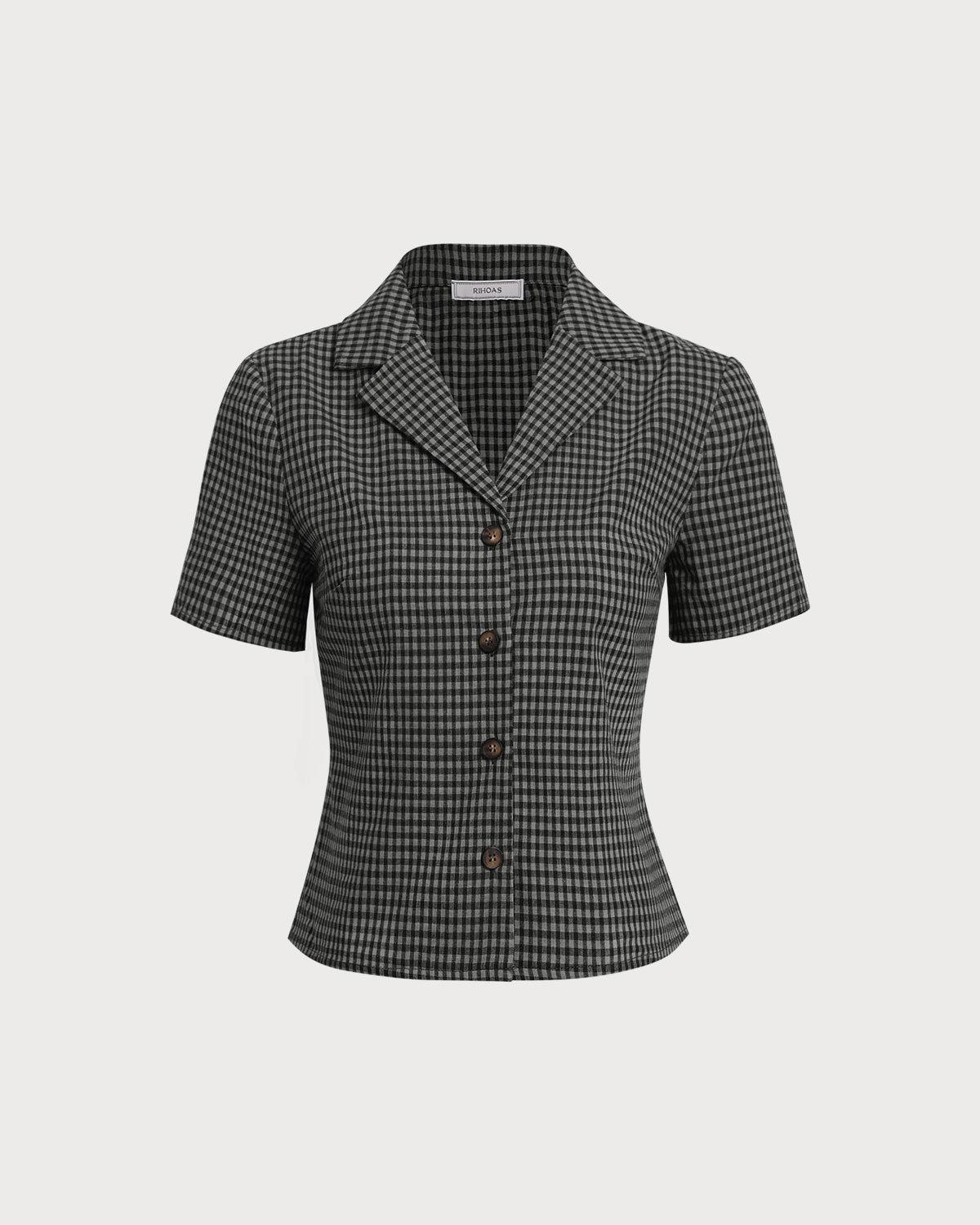 Grey Lapel Plaid Short Sleeve Blouse Product Image