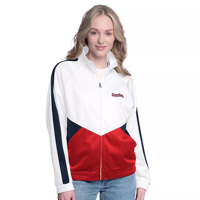 Women's G-III Sports by Carl Banks White/Navy Cleveland Guardians Rally Rhinestone Raglan Full-Zip Track Jacket,  Product Image