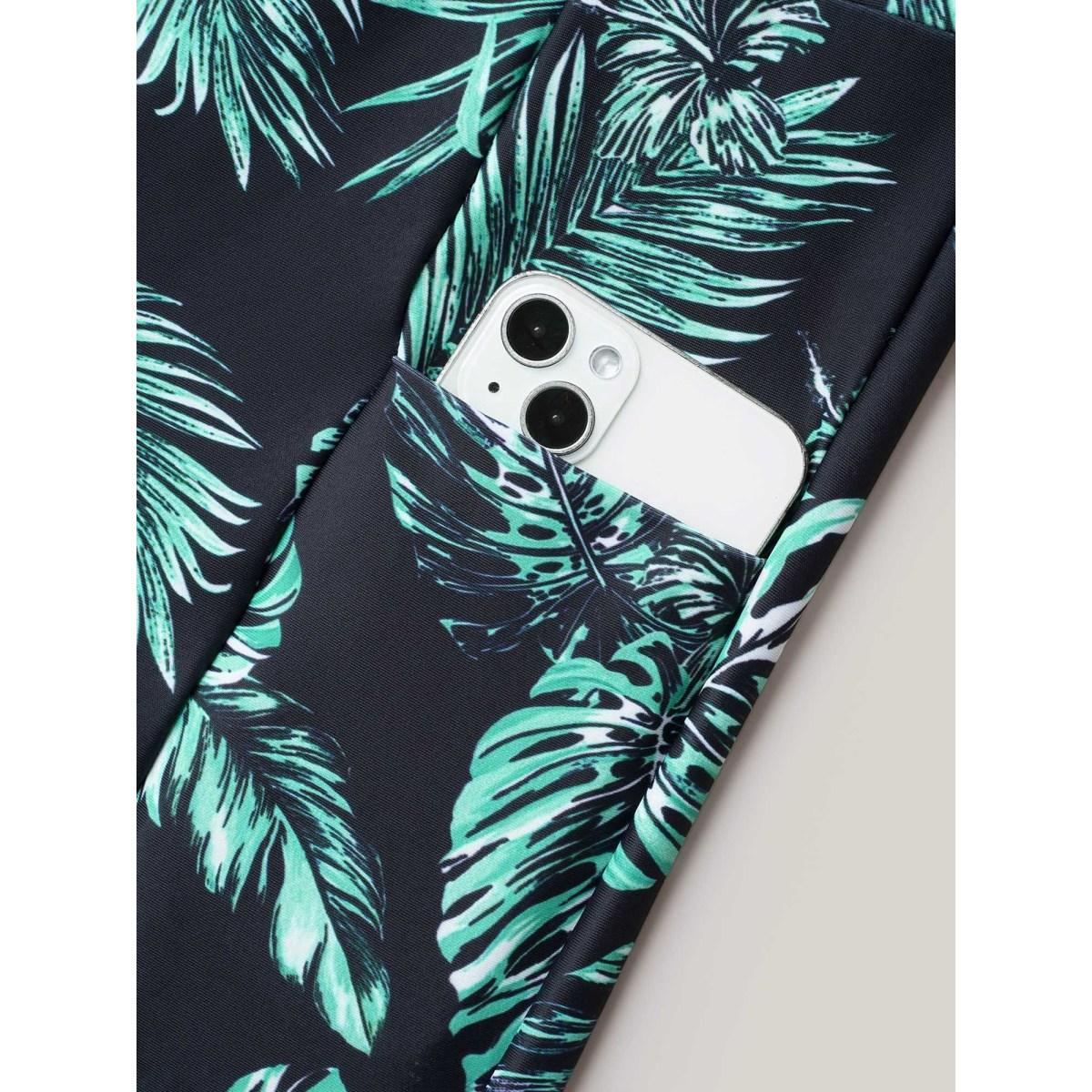 Plus Size Tropical Leaf Print Pocket Swim Bottoms Women's Swimwear Black Beach High stretch Skinny High Rise Side seam pocket Curve Swim Bottoms BloomChic 26/4X Product Image