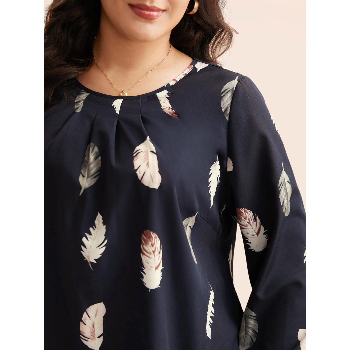 Plus Size Indigo Feather Print Pleated Slit Hem Blouse Women Elegant Extra Long Sleeve Round Neck Everyday Blouses BloomChic 30/6X Product Image