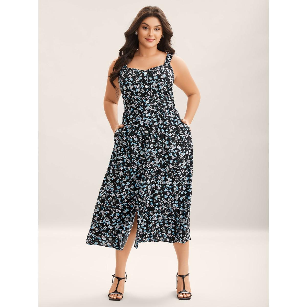 Plus Size Floral Print Button Detail Sleeveless Pockets Midi Dress BlackFlower Women Timeless Non Sleeveless Curvy BloomChic 18-20/2X Product Image