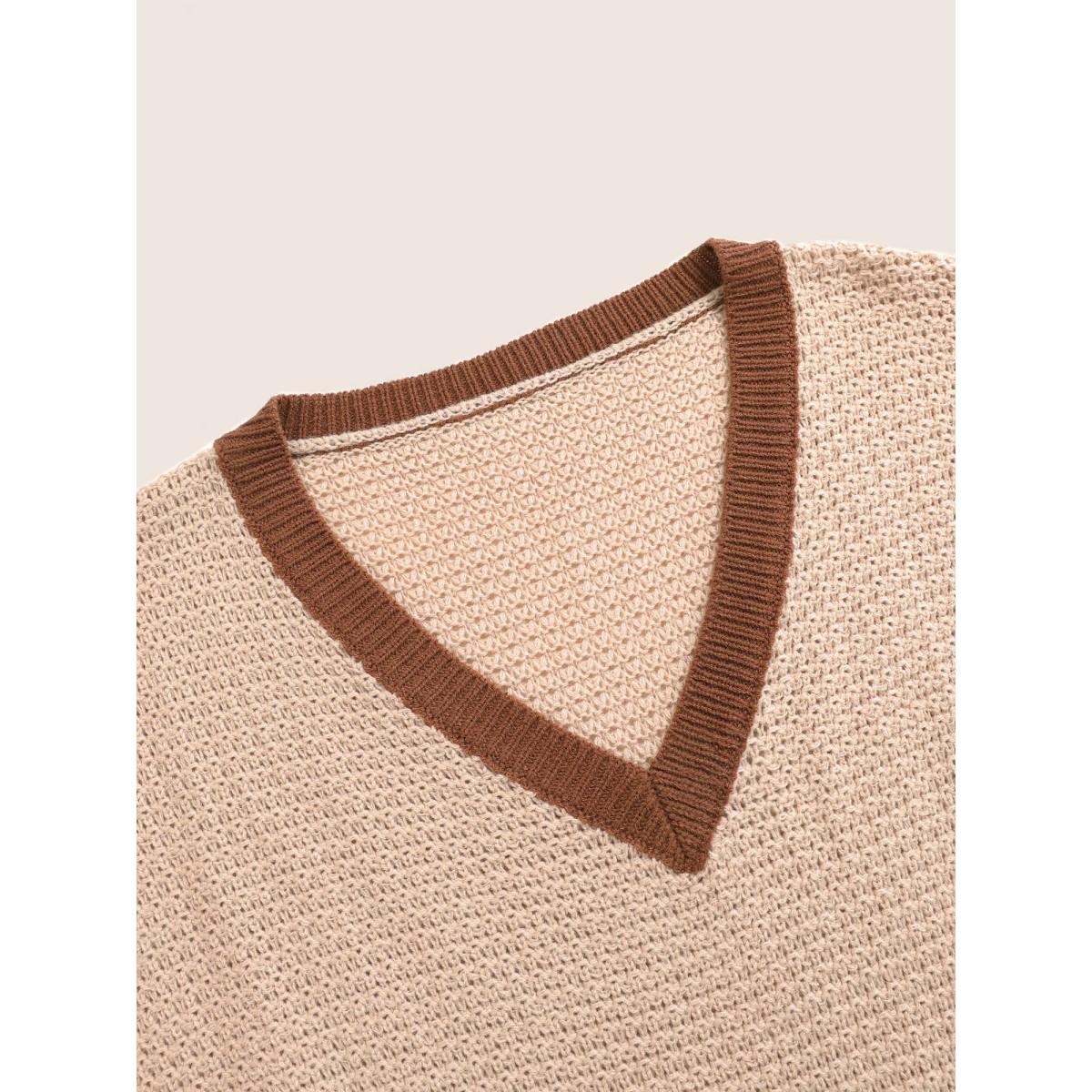 Plus Size Colorblock Contrast Texture Elastic Waist Pullover Maroon Women Casual Long Sleeve V-neck Everyday Pullovers BloomChic 28/5X Product Image