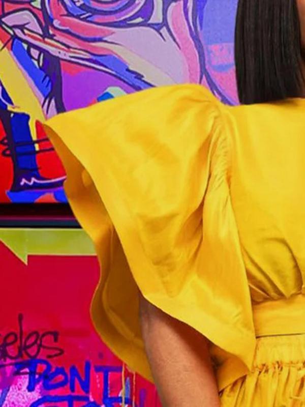 Flying Sleeves Loose Pleated Solid Color Split-Joint Round-Neck Blouses&Shirts Tops Product Image