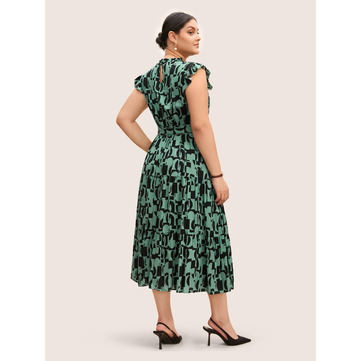 Plus Size Geometric Mock Neck Ruffles Trim Belted Dress Emerald Women At the Office Belted Mock Neck Cap Sleeve Curvy BloomChic 18-20/2X Product Image