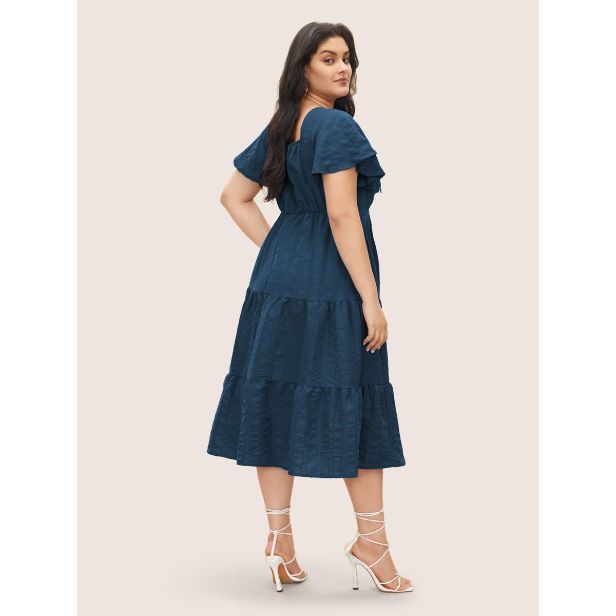 Plus Size Plain Ruched Drawstring Pocket Ruffle Tiered Dress Aegean Women Elegant Non V-neck Short sleeve Curvy Midi Dress BloomChic 26/4X Product Image