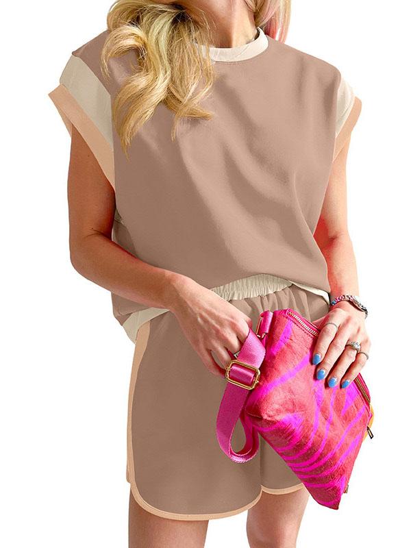 Contrast Color Short Sleeves Round-Neck T-Shirt + Elasticity Shorts Two Pieces Set Product Image