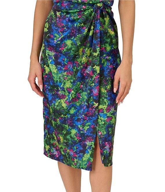 Adrianna Papell Floral Satin V-Neck Sleeveless Faux Wrap Midi Dress Product Image