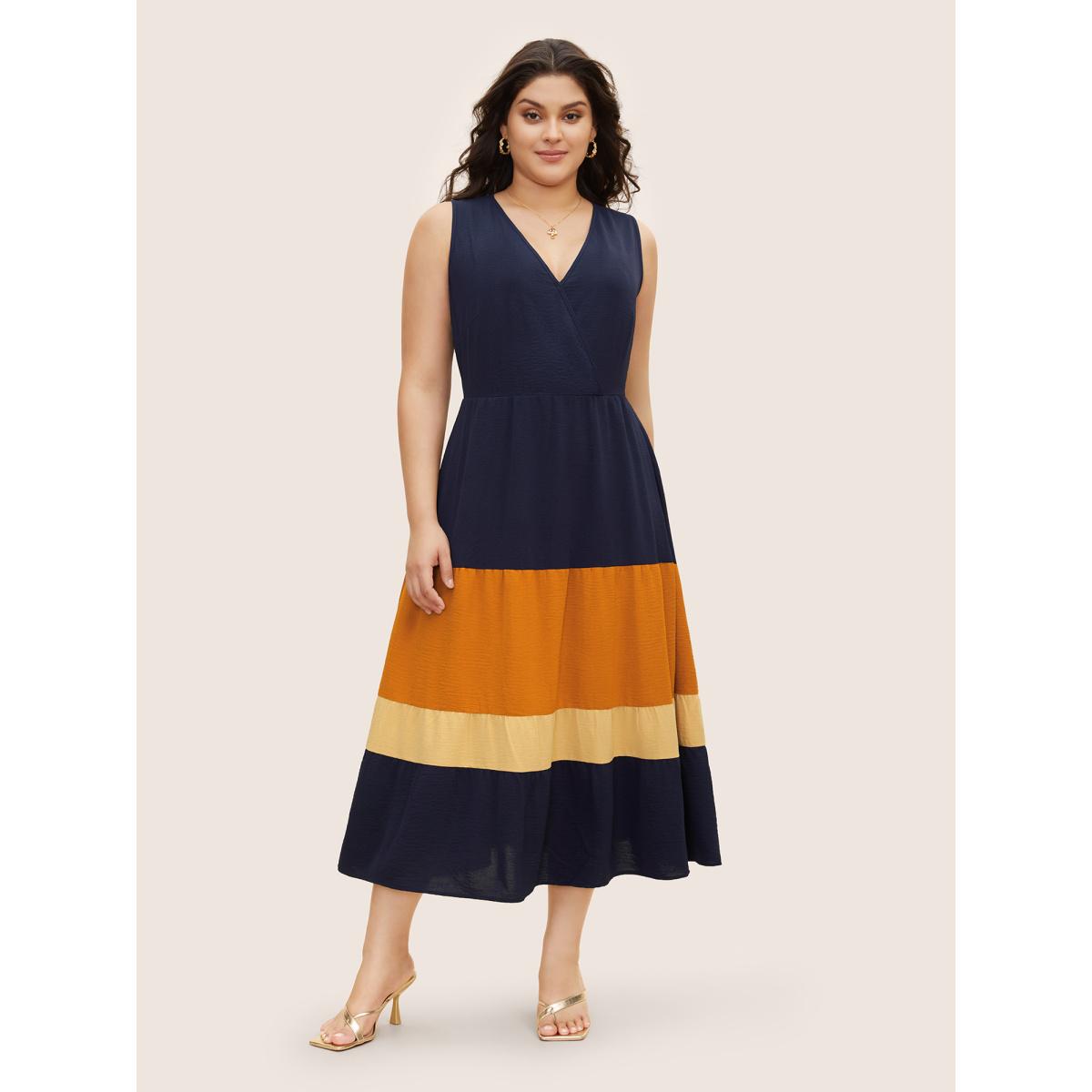 Plus Size Patchwork Contrast Overlap Collar Sleeveless Dress Indigo Women Elegant Contrast Overlap Collar Sleeveless Curvy BloomChic 12/L Product Image