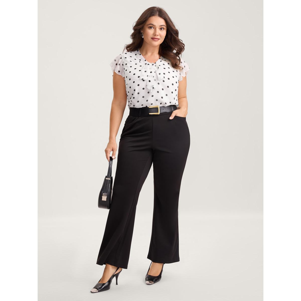 Plus Size Black Polka Dot Ribbon Collar Blouse Women Office Cap Sleeve Ribbon-tied collar Office Blouses BloomChic 18-20/2X Product Image