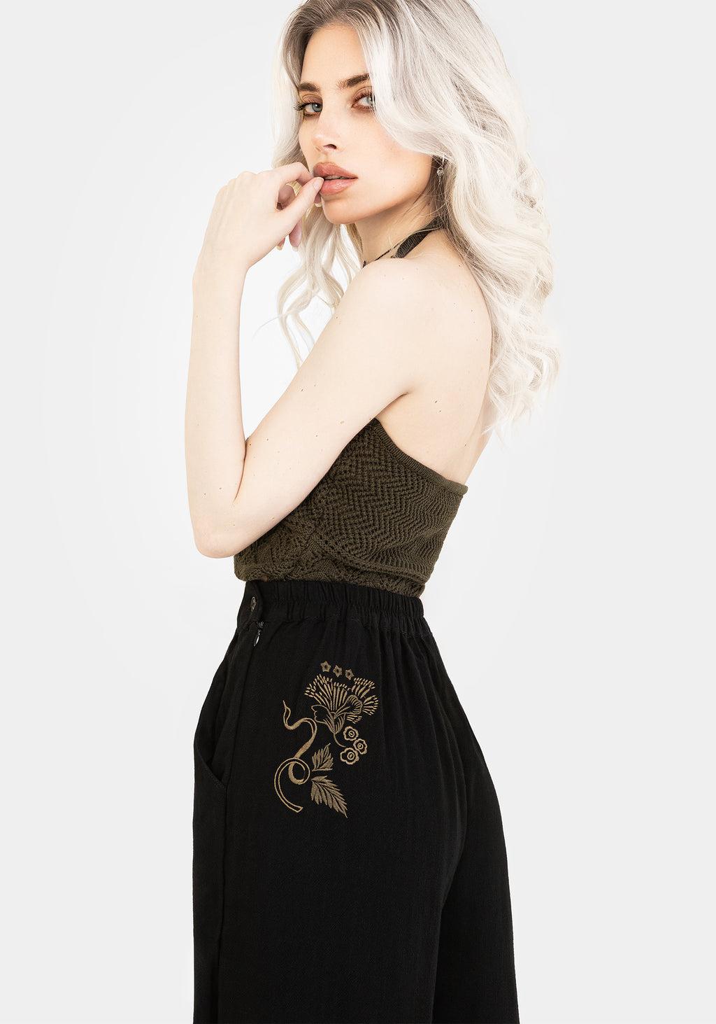 Foliate Linen-Blend Embroidered Wide Leg Trousers - Black Product Image