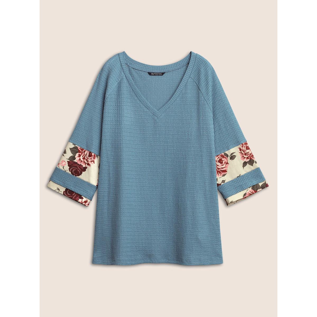 Plus Size Textured Patchwork Floral Raglan Sleeve T-shirt Stone Women Resort Texture Floral V-neck Vacation T-shirts BloomChic 14-16/1X Product Image