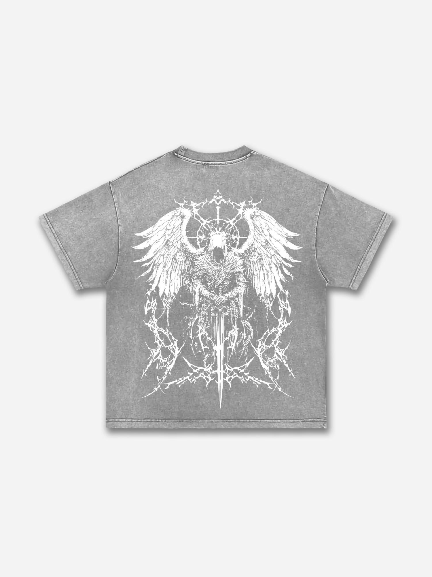 Sopula Vintage Angel Pattern Cross Faith Print Acid Washed T-shirt Product Image