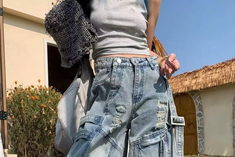 High Rise Washed Cargo Baggy Jeans Product Image