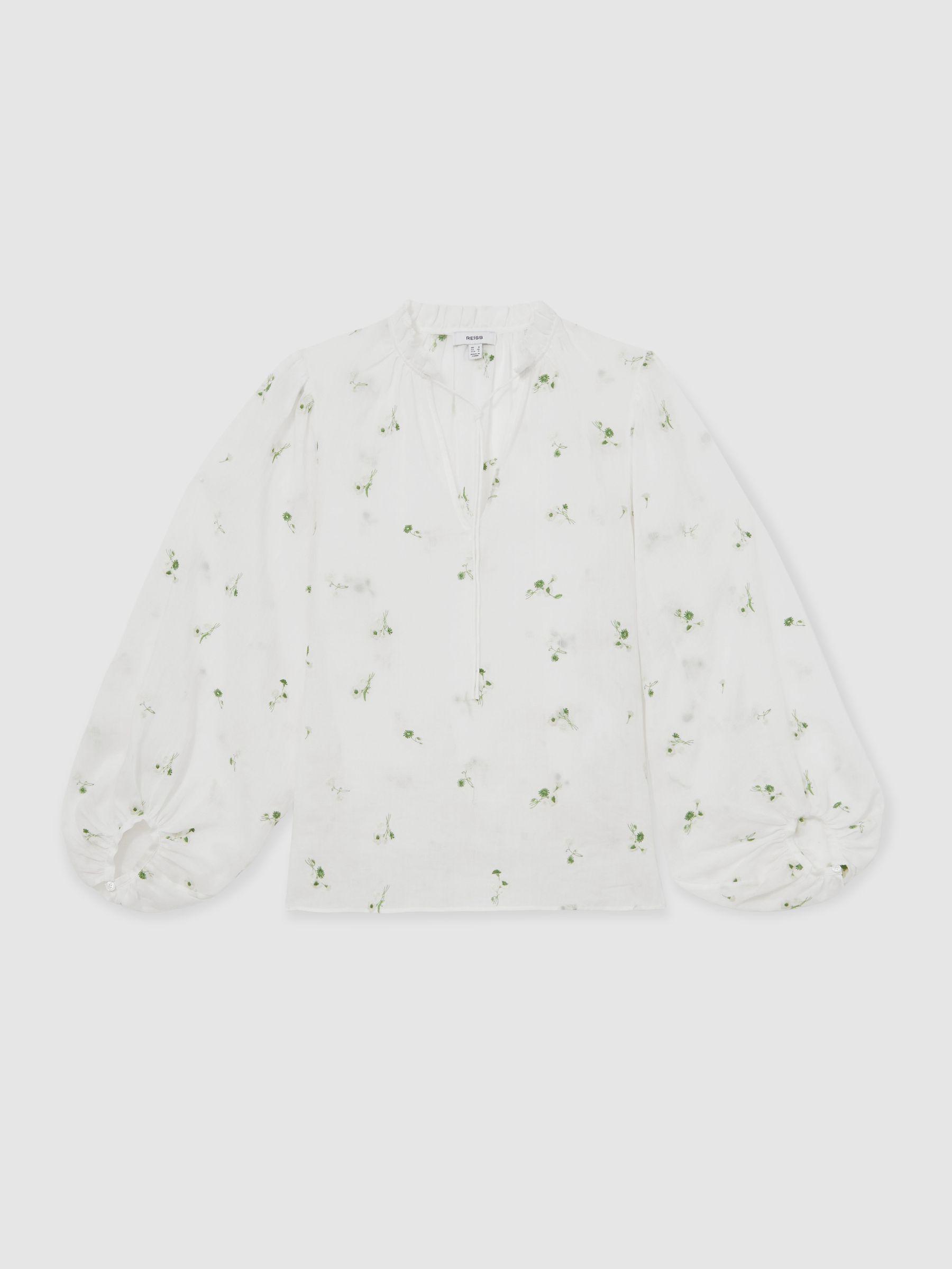 Floral-Embroidered Tie-Neck Blouse Ramie-Lyocell in Ivory Product Image